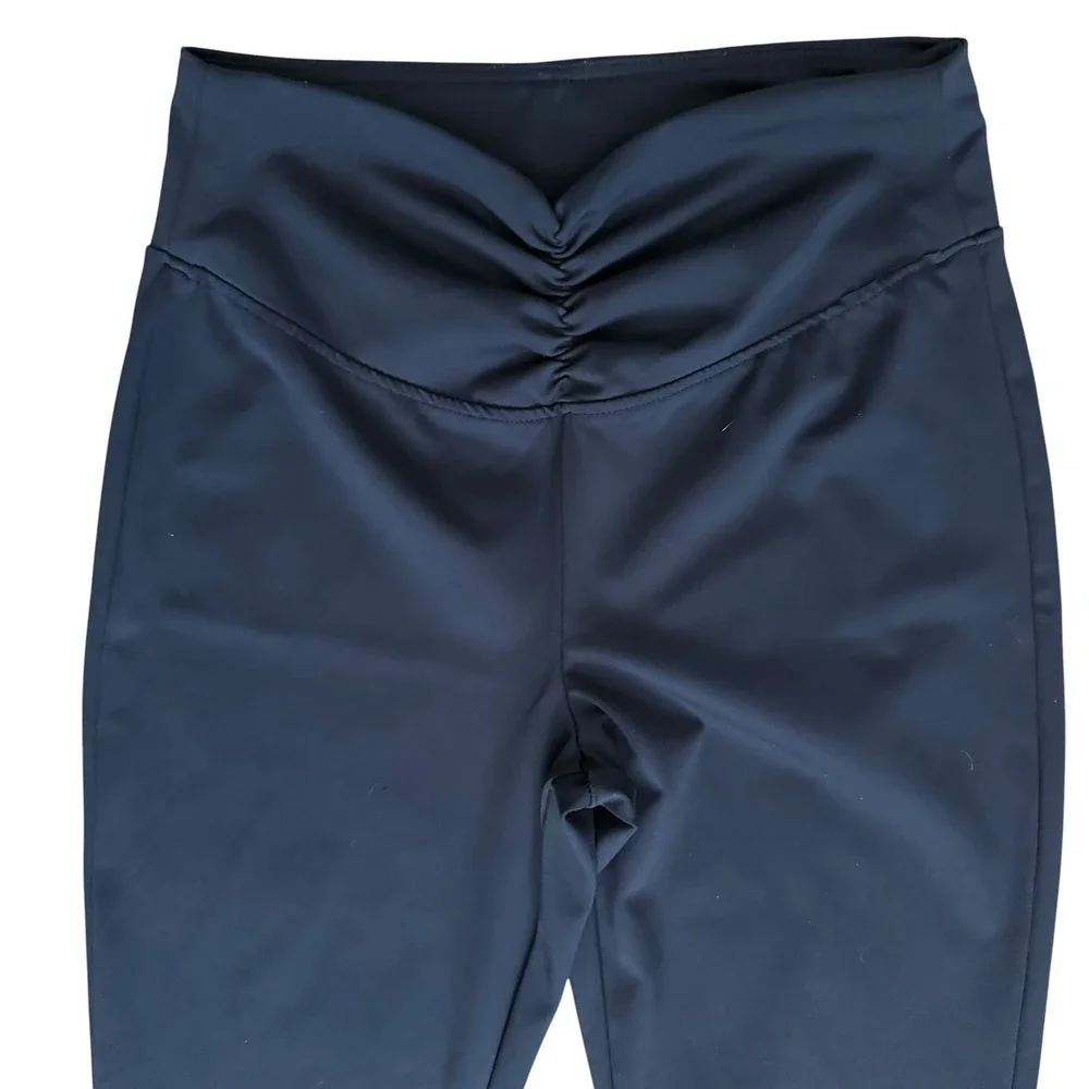 A New Day Flare Leggings Womens Large Navy Blue Ruched V-Front Yoga‎ NWOT